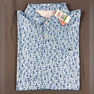 Vineyard Vines Golf Shirt Polo Atlantic Sailing Print Large Blue Polyester